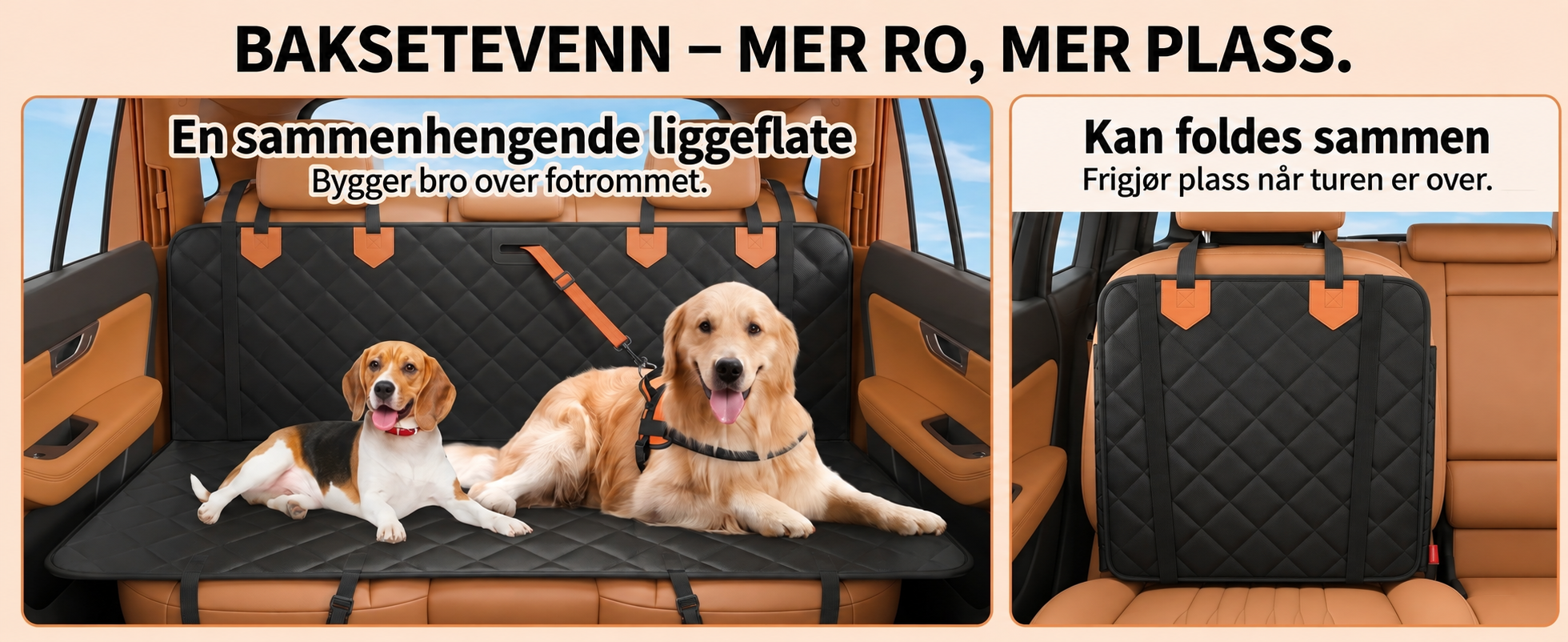Bakseteforlenger til hund med hard bunn som dekker fotrommet i bilen.